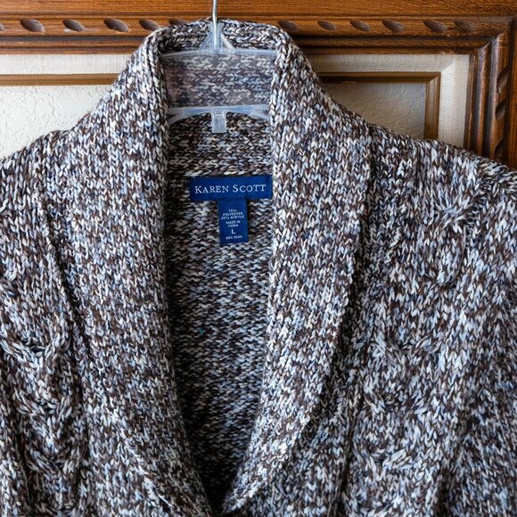 Karen Scott Cardigan SzL Blue Brown Chunky Knit Buttons LS Shawl Collar Academia - Picture 2 of 3